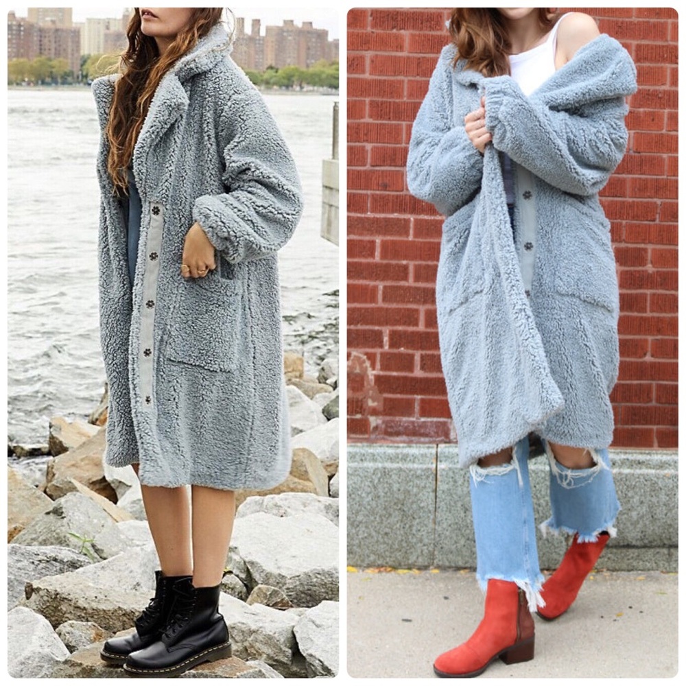 Free People Tessa Teddy Longline Faux Sherpa Fur Jacket Trench Coat in Blue